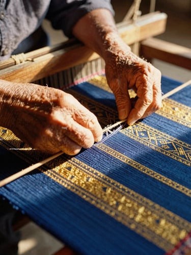 Close-up of an elderly artisan's hands meticulously weaving a vibrant textile on a traditional loom, rich textures, warm golden hour light, focused on the hands and fabric, 35mm film