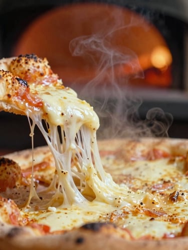 Extreme macro close-up of a wood-fired panuozzo being pulled apart, melting mozzarella stretching, steam rising, warm glowing pizza oven background, 35mm film style