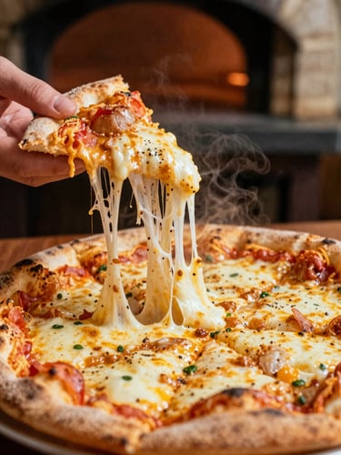 Macro food photography of a steaming panuozzo being pulled apart, melting mozzarella stretching, warm side lighting from a pizza oven, 35mm film style.