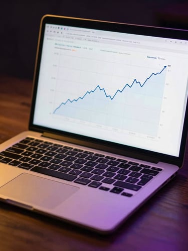 Moody close-up of a dark wooden desk with a laptop displaying a clean organic traffic growth chart, gold and purple ambient neon light reflecting on the screen, sharp focus, 35mm