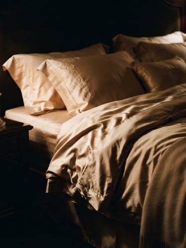 Low-key, warm candlelight illuminating soft-focus silk sheets in a luxurious hotel interior, high contrast shadow play, warm champagne tones, 35mm film aesthetic.