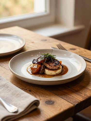Close-up of a rustic wooden table setting at Pils Krogs with linen napkins, warm natural window light, and a beautifully plated Baltic dish on textured ceramic tableware, 35mm photography