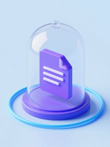 A minimalist isometric 3D render representing secure local data flow. A single glowing violet document icon sits inside a clean glass dome, with soft blue light beams circulating locally without leaving the perimeter. Bright studio lighting, clean geometric shapes.