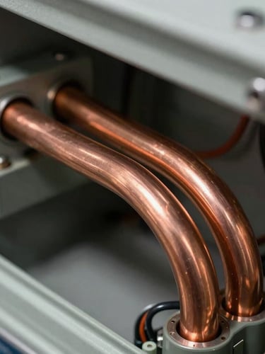 Macro close-up of heavy-duty copper busbars and precise wiring inside an industrial electrical panel, high-contrast workshop lighting with deep shadows.