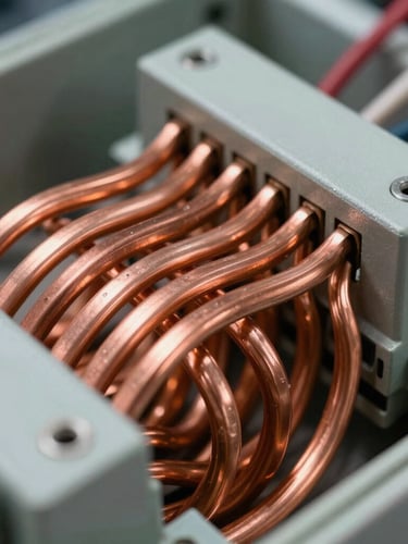 Macro close-up of precise heavy copper busbars and organized wiring inside a newly manufactured industrial electrical control panel, sharp technical lighting.