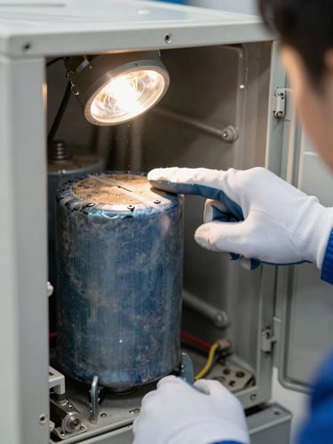 Close-up of a technician's gloved hand pointing at a visibly corroded capacitor inside an open AC unit panel, tungsten work-light glow, dust and grime on surrounding components