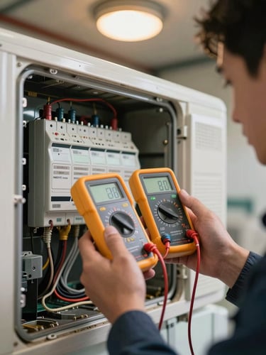 Close-up of a technician's hands gripping a digital multimeter against an open AC unit control board, tungsten ceiling light, worn wiring visible, residential garage setting