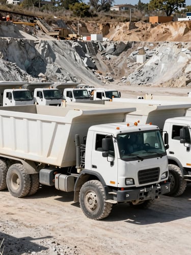 A fleet of heavy-duty white dump trucks lined up at an active quarry site in Hidalgo, harsh midday sun casting deep shadows, industrial documentary style