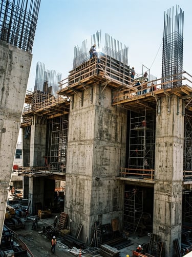 Low-angle industrial documentary photography of a massive concrete structure under construction, harsh direct daylight, high-contrast raw textures, deep shadows, 35mm lens.