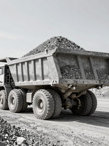 Low-angle dramatic shot of a heavy dump truck being loaded with raw gravel at a quarry, direct harsh daylight, industrial power