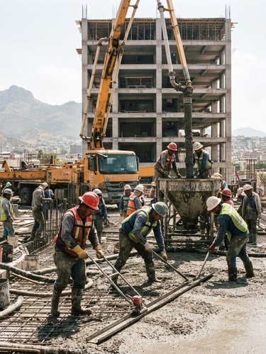 Low-angle industrial documentary photo of a massive concrete pouring operation at a commercial construction site in Pachuca, active workers in safety gear, harsh direct daylight, high-contrast raw textures, deep shadows.
