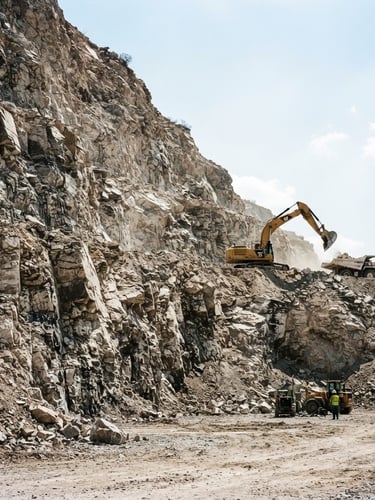 Low-angle shot of a massive active quarry wall in Zempoala, harsh midday sun highlighting the raw limestone textures, a yellow excavator visible in the background, high-contrast industrial documentary photography style