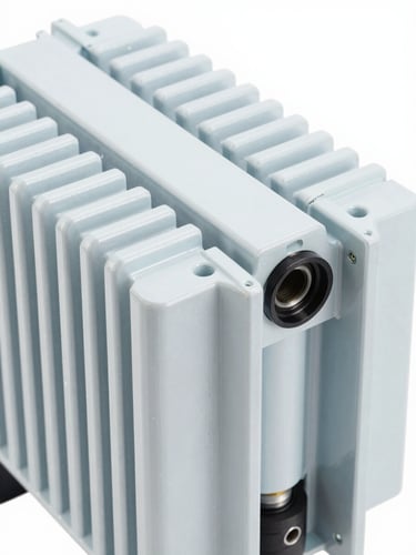 Macro shot of a heavy-duty copper transformer inside an inverter chassis, clean industrial product photography, cool white and blue tones