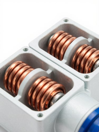 Macro shot of heavy-duty copper transformer coils inside an industrial inverter chassis, bright clean high-key studio lighting, cool white and blue tones, 50mm