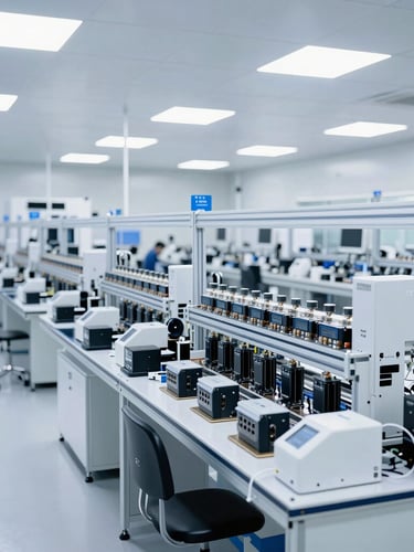 Wide shot of organized manufacturing lines and testing racks inside a clean Chinese electronics factory, cool-toned industrial environment, bright high-key studio lighting