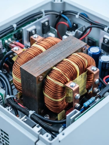 Macro shot of heavy-duty copper transformer inside a power inverter, bright high-key studio lighting, cool white and blue tones, 50mm