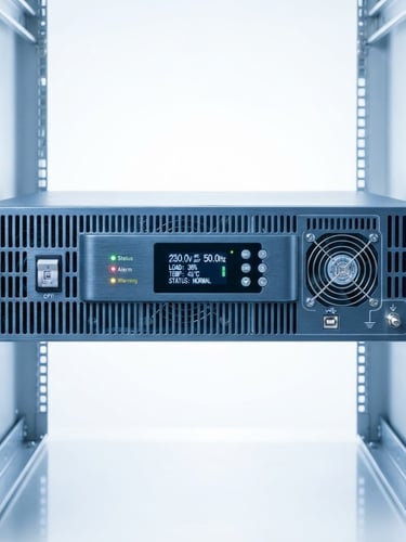Clean industrial product photography of a rack mount inverter unit, bright high-key studio lighting, cool white and blue tones, 50mm