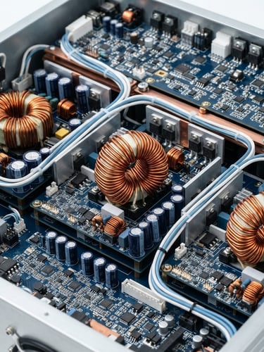 Macro photography of internal circuit architecture of a rack mount inverter, heavy-duty copper transformers, cool white and blue tones, bright high-key studio lighting, 50mm