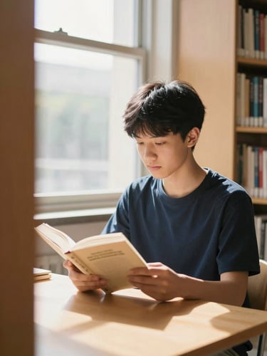A focused high school student reading a book in a sunlit library, bright natural window light, warm organic tones, 35mm lens
