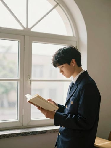 Candid medium shot of a high school student in a deep navy uniform reading a book by a large arched window, soft natural daylight streaming in, warm organic tones, 35mm lens.