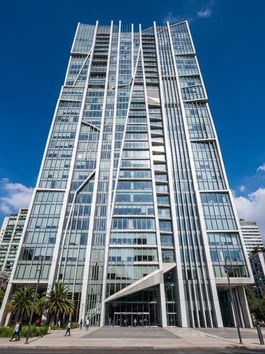 Wide-angle architectural photograph of a modern corporate building facade in Mexico City, sharp vertical lines, bright natural daylight, deep blue sky