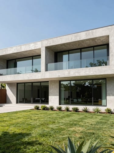 Modern luxury home exterior in Mexico, clean concrete lines, large glass windows, manicured lawn, bright natural daylight, architectural photography