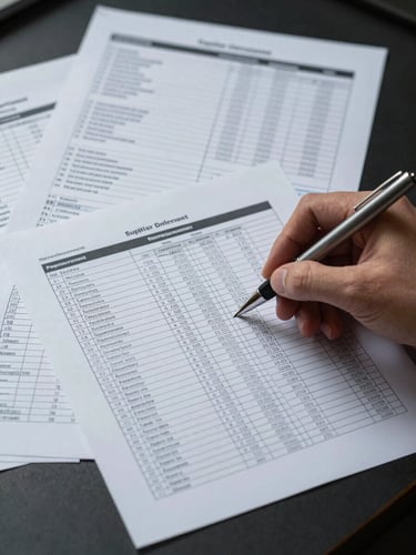 Overhead close study of layered spreadsheets and procurement data printouts on a dark desk, cool analytical overhead light, a hand annotating a supplier row with a precise pen mark, no faces, controlled and fast atmosphere