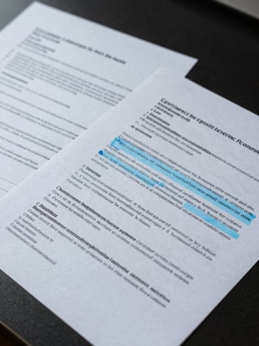 Close-up overhead of layered contract documents spread across a dark desk, a single section highlighted in blue annotation ink, under cool directional studio lighting that reads as analytical and controlled