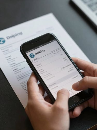 Extreme close-up of hands holding a smartphone photographing a printed shipping invoice on a dark charcoal surface, cool airport-terminal directional light casting sharp shadows on the document edges, no faces visible