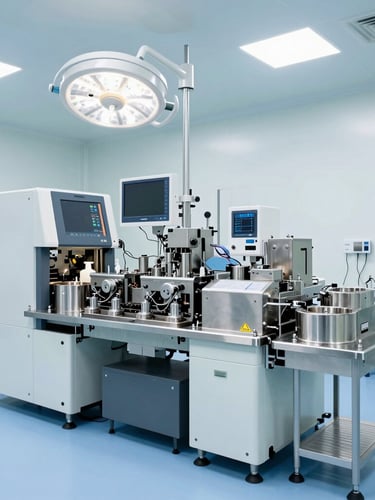 Wide environmental shot of a pristine, modern surgical equipment manufacturing floor in India, heavy machinery, stainless steel components, clinical lighting.