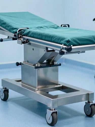 Crisp clinical photography of a heavy-duty stainless steel surgical table base with hydraulic joints, bright cool studio lighting, surgical blue tones, sharp detail.