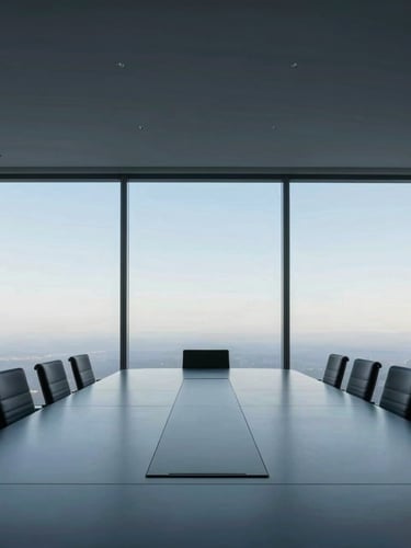 Wide-angle environmental shot of a collaborative boardroom with cool morning daylight, clean linear perspectives, minimalist architectural photography, cool morning daylight, panoramic horizon blue and deep charcoal tones, sharp focus, 35mm lens