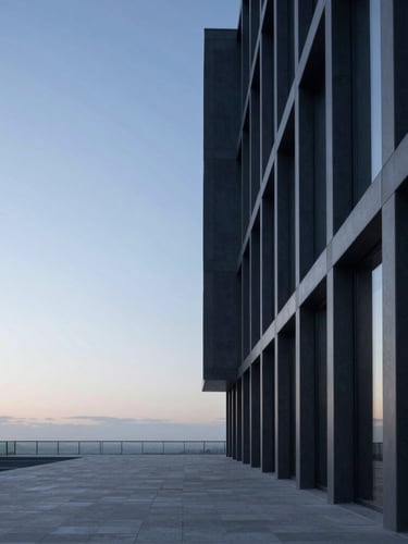 Clean architectural lines of a modern office space, cool early-morning daylight, linear perspective, minimalist architectural photography, cool morning daylight, panoramic horizon blue and deep charcoal tones, sharp focus, 35mm lens