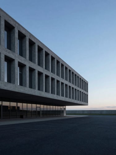 Wide-angle architectural perspective of a modern concrete office pavilion under cool morning daylight, clean linear shadows, minimalist horizon blue sky background
