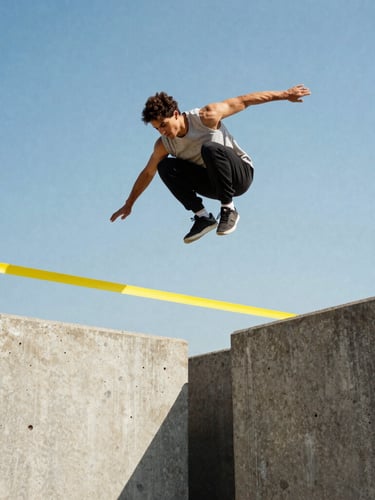 Low-angle action shot of a parkour athlete executing a spectacular jump over a gap, concrete structures, sunny day, vibrant yellow safety tape in background, high-contrast, 35mm