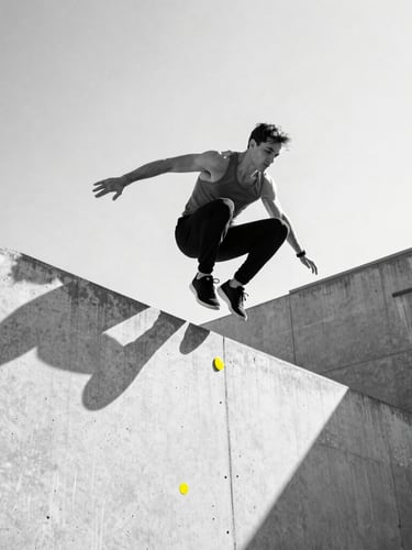 Dynamic low-angle black and white action portrait of a traceur leaping over a concrete wall, bright natural sunlight casting sharp geometric shadows, high-contrast urban athletic aesthetic, subtle safety yellow details, 35mm