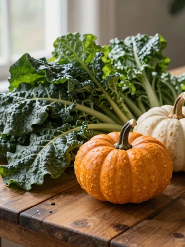 A rustic wooden table filled with freshly harvested heritage squash and dark leafy greens, soft diffused natural daylight, high-contrast shadows.