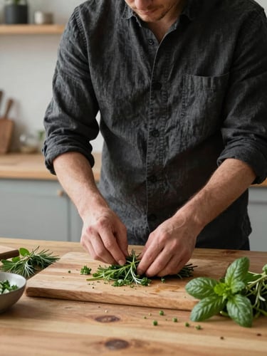 A chef in a dark linen shirt arranging fresh herbs on a rustic wooden table, soft natural side lighting, minimalist Scandinavian kitchen setting.