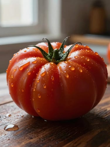 Macro portrait shot of fresh heirloom tomatoes on a dark wooden prep table, soft side-lighting from a north-facing window, water droplets glistening on the skin, rustic kitchen background.