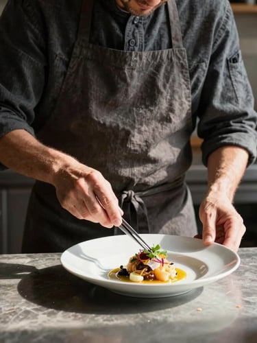 Medium shot of a chef in a dark linen apron plating a dish with tweezers, soft natural side daylight casting long shadows, rustic kitchen background.