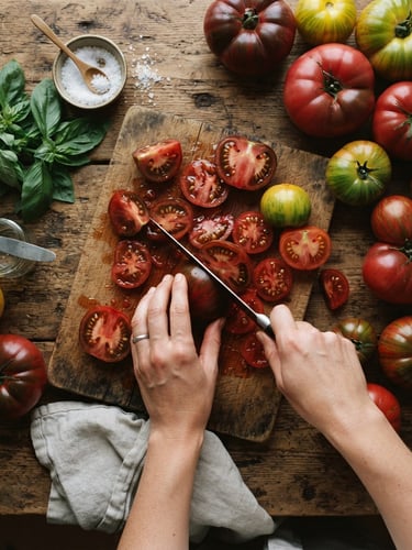 Overhead flat-lay of hands prepping fresh heirloom tomatoes on a rustic wooden table, soft Scandinavian daylight, deep crimson tones, 35mm lens