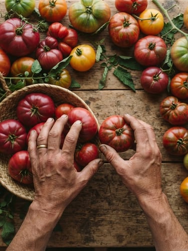 Overhead flat-lay of calloused hands sorting heirloom tomatoes on a rustic wooden table, soft morning Scandinavian daylight, warm red tones.