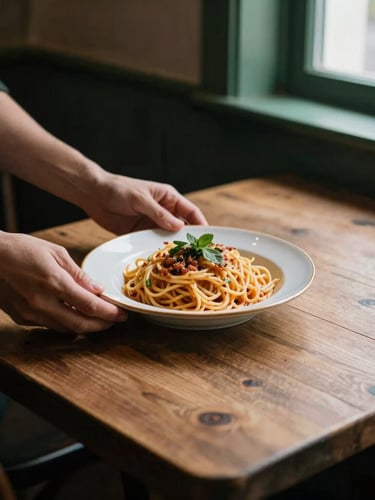 A rustic wooden table in a dimly lit restaurant, hands reaching for a plate of freshly made pasta under soft daylight from a nearby window, natural shadows, 35mm lens
