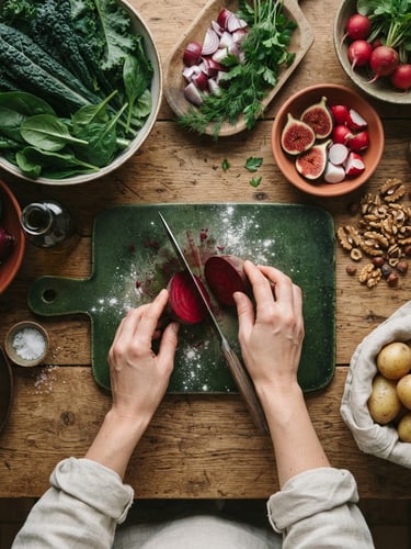Overhead flat-lay of hands prepping fresh local ingredients on a wooden table in soft Scandinavian daylight, deep crimson and forest green tones, matte texture, 35mm lens