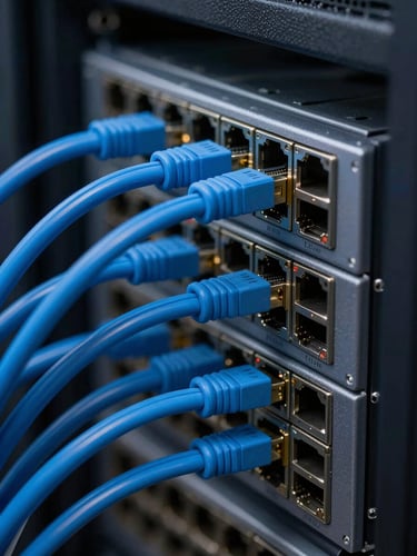 Macro close-up of organized blue fiber optic cables connected to a high-speed network switch in a dark server rack, sharp cool-toned highlights.