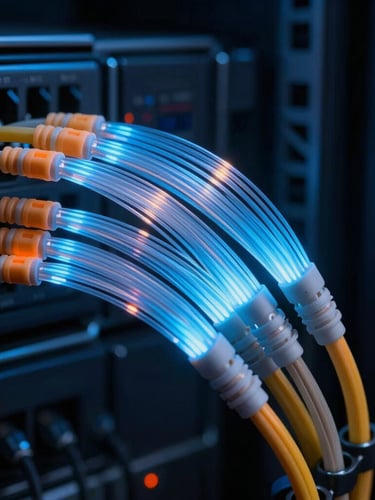 Macro close-up of immaculate fiber optic cabling glowing in a dark server rack, cool blue tones with safety orange highlights.