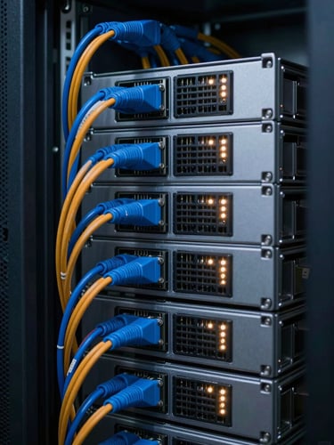 Macro close-up of high-density structured server racks with immaculate blue and orange cabling, low-key cool-toned lighting, sharp highlights from active LED status indicators, shallow depth of field.