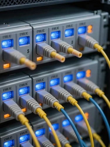 Immaculate structured fiber optic cabling connections in a server rack, sharp blue and orange status lights, extreme close-up, shallow depth of field.