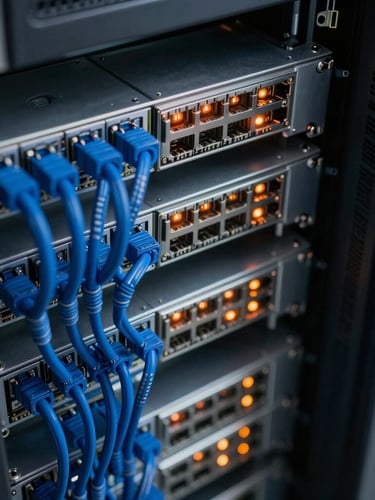 High-angle macro photograph of clean server rack interiors, structured cat6 cabling in deep blue sleeves, sharp focus on hardware connections with glowing orange status indicators.