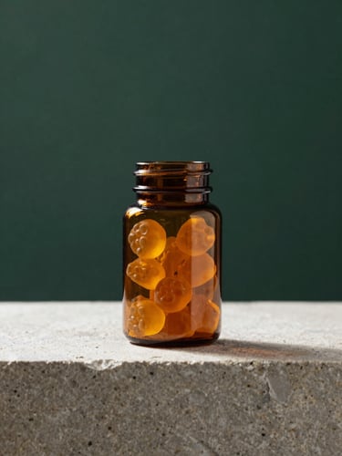 A minimalist overhead flat lay of an amber glass jar of gummies on a textured stone surface, soft morning light, deep forest green background.
